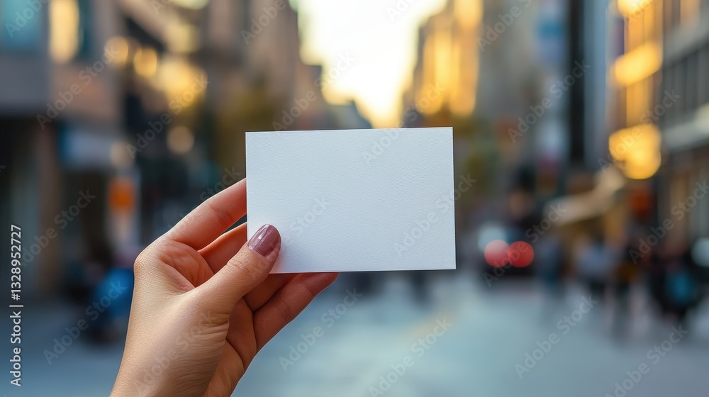 A hand holds a blank card against a blurred cityscape background, evoking a sense of creativity and possibility. A hand holds a blank card against a blurred cityscape background, evoking a sense of creativity and possibility.
