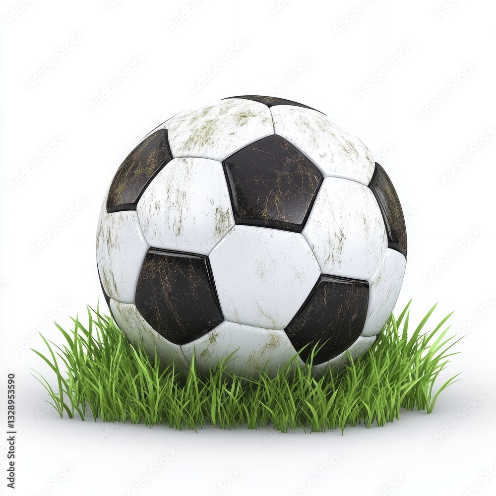 Fototapeta premium Well-worn Soccer Ball on Lush Green Grass, suggesting a recent intense game or practice session. The image's bright white backgrou