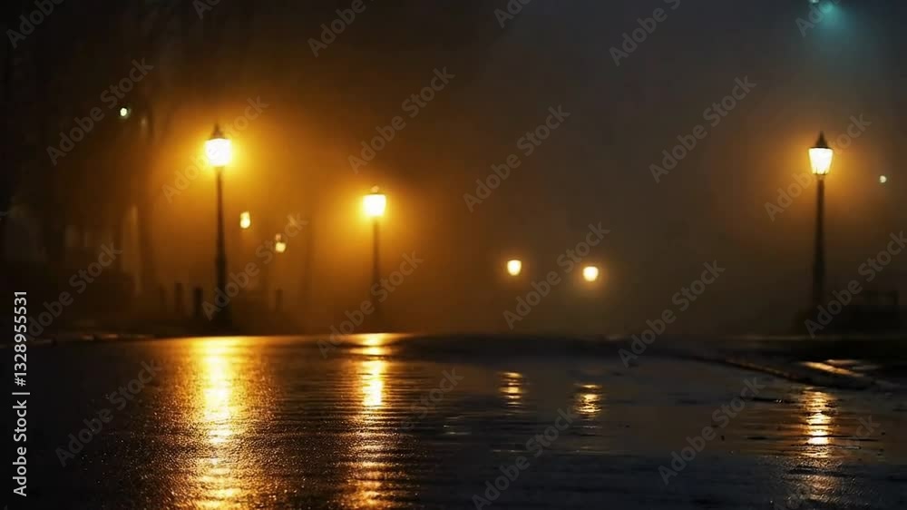 Blurred street lights in the evening fog