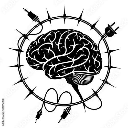 Brain connected to technology with cables and plugs