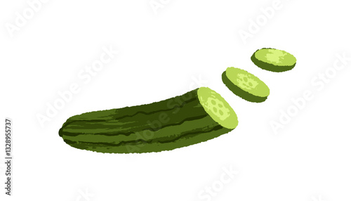 Icon of green cucumber is cutted into circles. Fresh organic vegetable is sliced into round pieces. Healthy farm food, natural eating. Flat isolated hand drawn vector illustration on white background