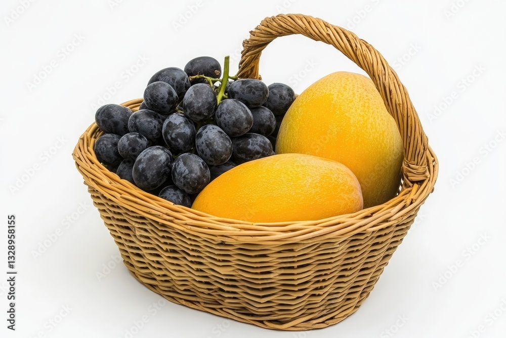 Wicker basket holding ripe mangoes and dark grapes Wicker basket holding ripe mangoes and dark grapes