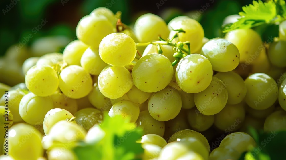 Fresh Green Grapes Close-Up with Green Leaves on a Vibrant Background in Natural Light Setting Fresh Green Grapes Close-Up with Green Leaves on a Vibrant Background in Natural Light Setting