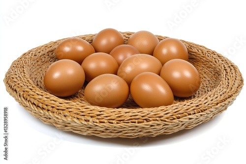 Brown eggs nestled in a woven basket photo