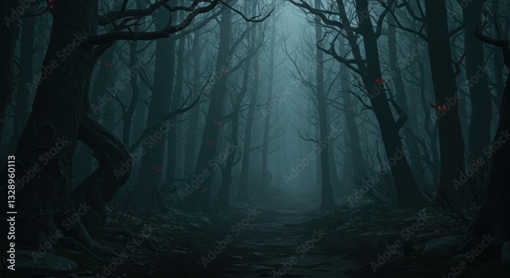 Obraz premium Spooky forest path with glowing red eyes.