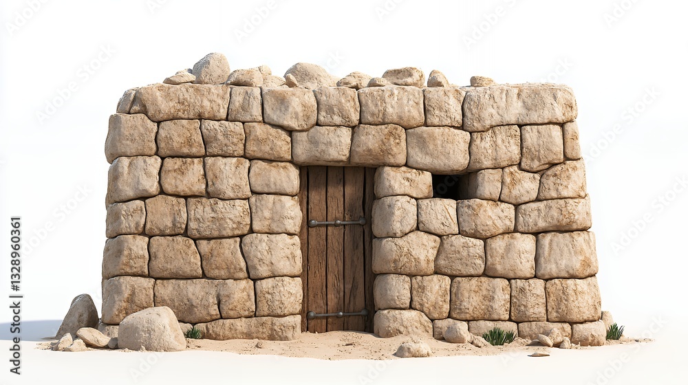 Fototapeta premium Weathered Stone Ruins with Wooden Door Against White Background