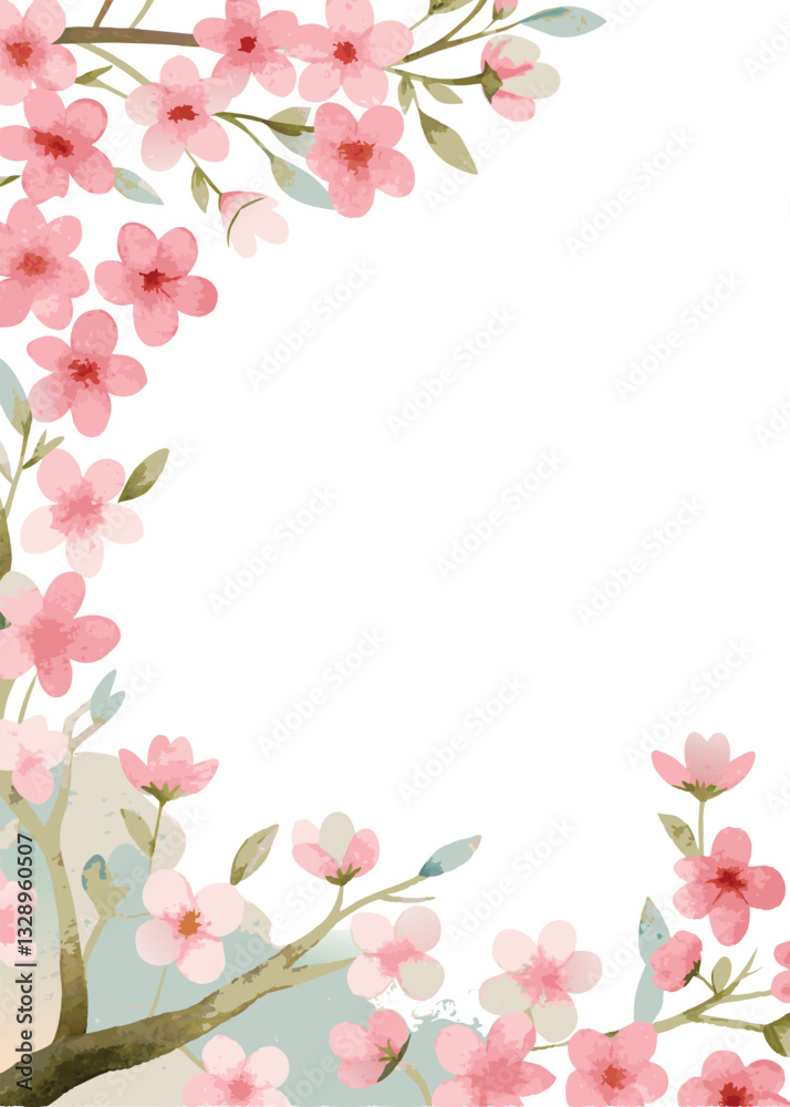 Watercolor Painting of Pink Cherry Blossoms on Branches with White Background Watercolor Painting of Pink Cherry Blossoms on Branches with White Background