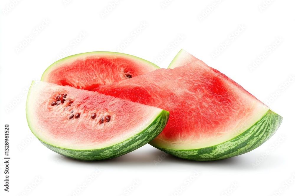 Freshly cut watermelon slices.  Two wedges of juicy watermelon, displaying the vibrant red flesh and green rind.  Perfect for a summer snack or dessert