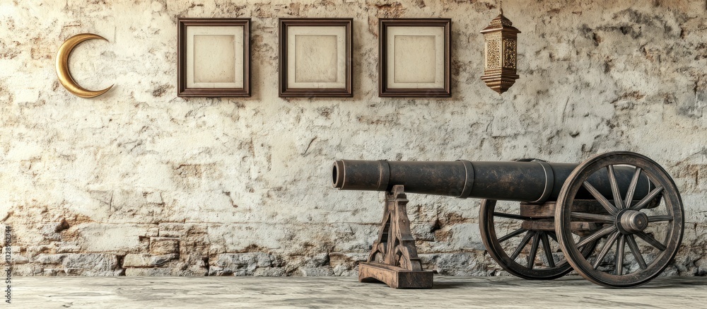 A weathered cannon sitting inside a rustic interior setting A weathered cannon sitting inside a rustic interior setting