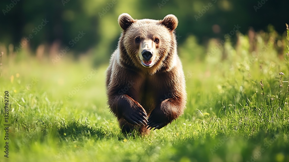 Obraz premium Brown bear running towards camera in green field.