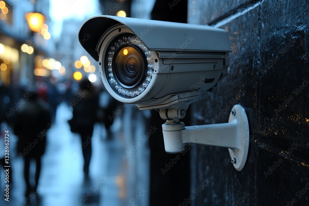 Camera watches busy street at dusk, building side Camera watches busy street at dusk, building side