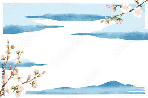 Serene Watercolor Landscape with Blooming Branches and Blue Mountains