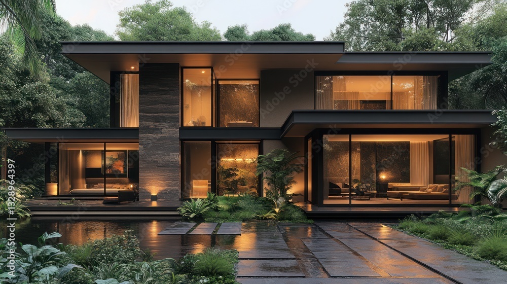 Modern Minimalist House Design Surrounded by Lush Greenery with Reflective Wet Pavement at Twilight Modern Minimalist House Design Surrounded by Lush Greenery with Reflective Wet Pavement at Twilight