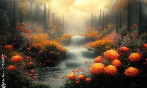 surreal dreamlike fantasy landscape with autumn colours vibrant flowers and flowing streams photo