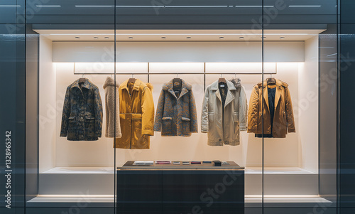 Wallpaper Mural Luxury Fashion Boutique with Colorful Coats & Jackets on Display  Modern Glass Wall Reflection  High-End Women's Clothing in Vibrant Shades  Elegant Retail Store Atmosphere Torontodigital.ca