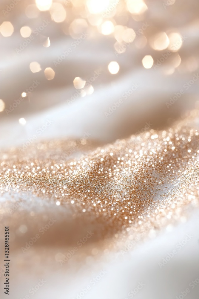 A delicate dusting of golden luminescence forms pixie dust along a soft surface, blending into a misty white backdrop adorned with tiny, glowing stars A delicate dusting of golden luminescence forms pixie dust along a soft surface, blending into a misty white backdrop adorned with tiny, glowing stars