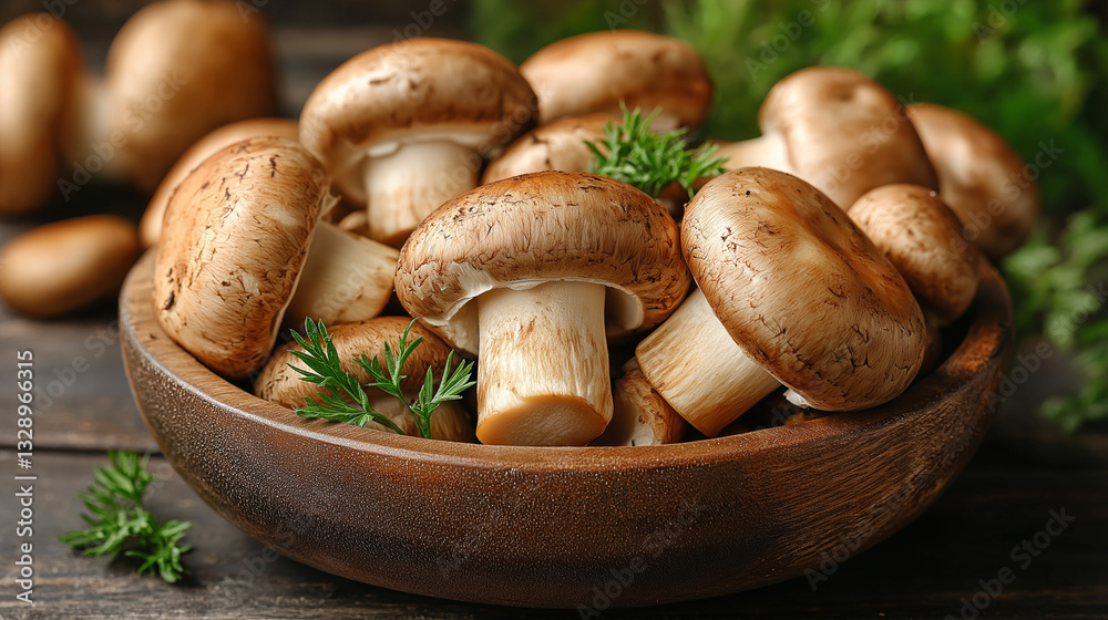 Fresh champignon mushrooms, glossy and firm, are artfully arranged in a wooden bowl on a rustic wooden table. Surrounding herbs add vibrant freshness to the rustic setting Fresh champignon mushrooms, glossy and firm, are artfully arranged in a wooden bowl on a rustic wooden table. Surrounding herbs add vibrant freshness to the rustic setting