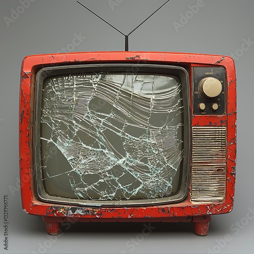 Broken Old Red TV Screen on Gray.
