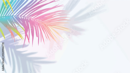 Close-up shot of a stylized palm leaf with a pastel color gradient.  The image features the leaf and its shadow cast onto a white background. The colors are soft and muted, creating a delicate and