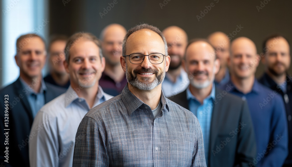 Group of executives in formal attire, smiling and engaged in teamwork Group of executives in formal attire, smiling and engaged in teamwork
