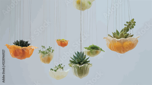 The image shows multiple small, uniquely shaped hanging planters containing various succulents. The planters appear to be made of a translucent, possibly glass or ceramic material, in shades of