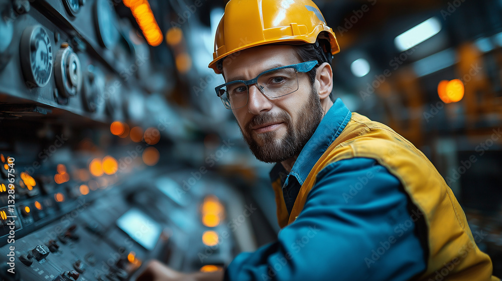 An engineer operator is seated atop a crane, skillfully managing the controls in a bustling industrial setting. The focus is on precision and efficiency during the operation