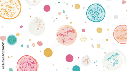 The image is a seamless pattern featuring various sizes of overlapping circles on a white background.  The circles are filled with different pastel colors and contain subtle internal designs or