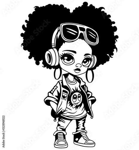 Cool urban girl. Afro hair, streetwear fashion. Black and white vector illustration, perfect for prints, cut file and designs