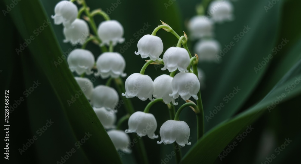 A close-up of delicate lily of the valley flowers with deep green leaves. Beauty, elegance, and the simplicity of wildflowers A close-up of delicate lily of the valley flowers with deep green leaves. Beauty, elegance, and the simplicity of wildflowers