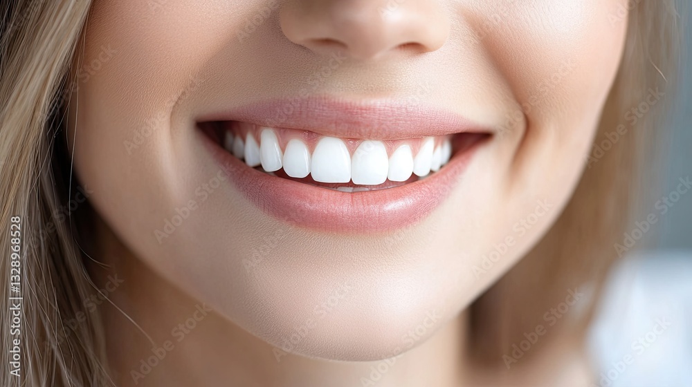 Fototapeta premium Close up cropped view of young beautiful woman, gazing forward with bright, optimistic white-toothed smile, standing alone indoors, look into distance deep in pleasant thoughts, reflects and ponders 