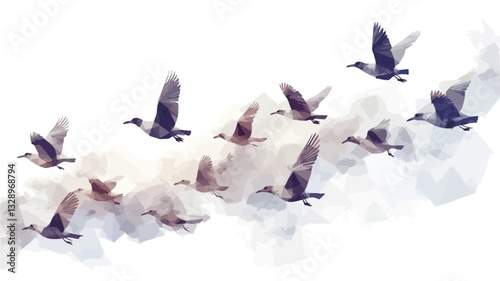 The image depicts a flock of birds, possibly geese, in flight.  The style is reminiscent of a watercolor painting, with soft, blended colors and slightly blurred edges.  The birds are rendered in