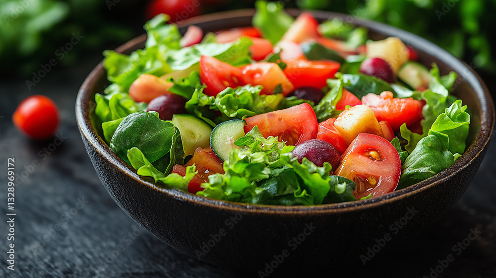 A vibrant bowl of fresh salad featuring crisp greens, juicy tomatoes, and sweet grapes sits on a wooden surface in a cozy kitchen, emphasizing healthy eating habits A vibrant bowl of fresh salad featuring crisp greens, juicy tomatoes, and sweet grapes sits on a wooden surface in a cozy kitchen, emphasizing healthy eating habits