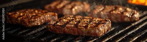 Sizzling Steaks on the Grill with Rising Smoke Showcasing Barbecue Artistry photo