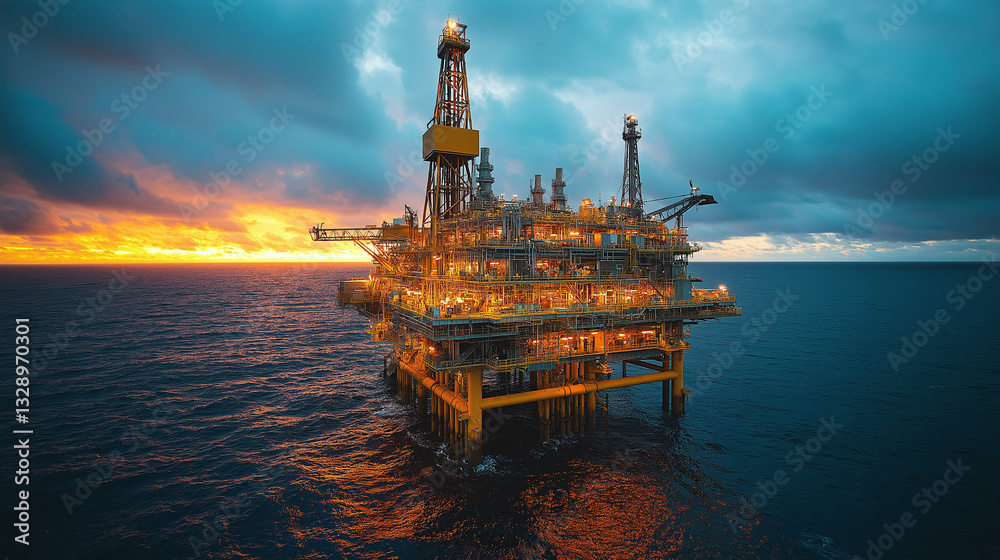 Obraz premium An offshore oil pump rig actively extracting oil as the sun sets on the horizon. The sky is filled with vibrant colors, highlighting the industrial structure in the ocean