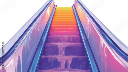 Digital illustration of an escalator with a vibrant, rainbow-like gradient effect on the steps and handrails. The colors transition smoothly from pink and purple at the bottom to yellow and orange