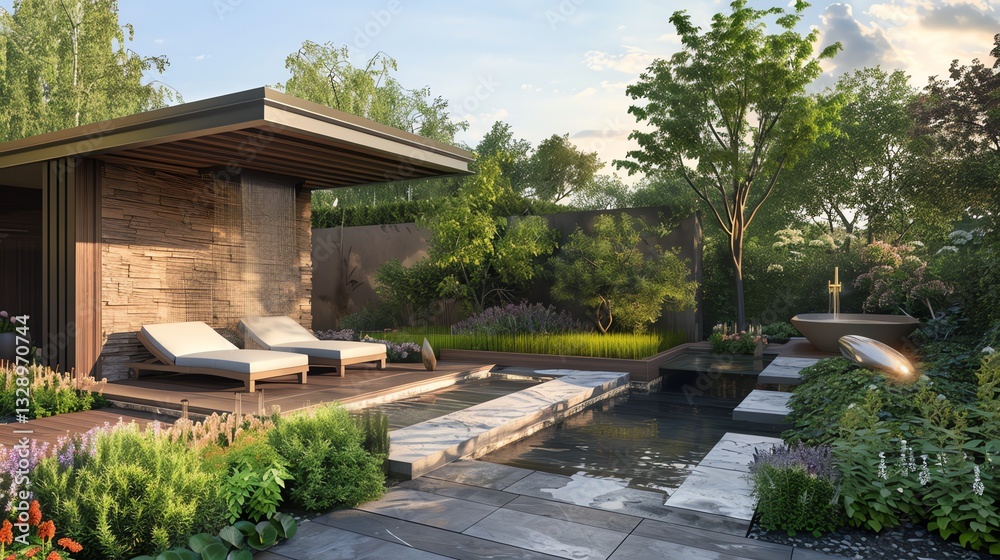 Modern backyard with a swimming pool, a stone wall, and lounge chairs. Modern backyard with a swimming pool, a stone wall, and lounge chairs.