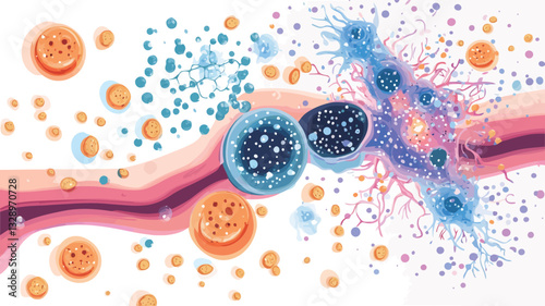 Microscopic illustration depicting a complex biological process, showing various types of cells interacting and communicating via signaling pathways.  The image features several round cells of