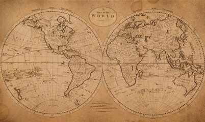 Old geographical map of the world of the 18 century. Collage. A good background for design on the theme of travel, geography, history, voyage, etc. Ancient map background.