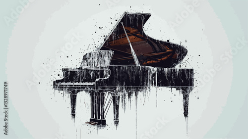 The image depicts a stylized grand piano rendered in a predominantly black and white abstract style. The piano's form is clearly identifiable, but its surface is textured with paint splatters or