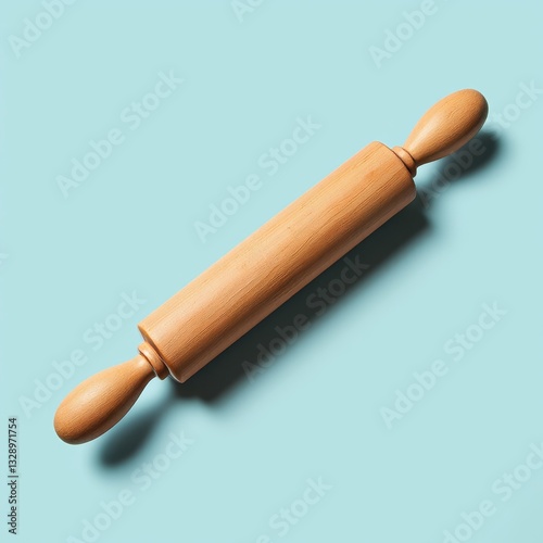 Rustic wooden rolling pin on light blue background, culinary essentials