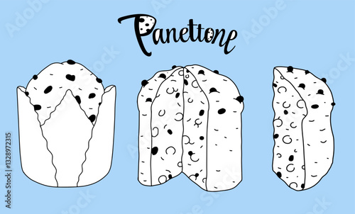 Panettone Easter cake, a set of contour drawings of Italian pastries or sweet festive bread with raisins. Vector on a separate colored or white background