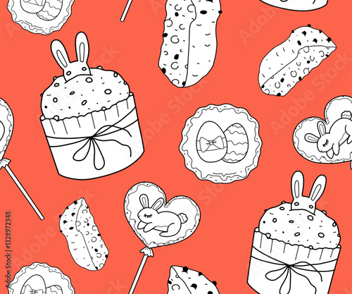 Panettone Easter cake, seamless background, border with Italian pastries or sweet festive bread with raisins. Vector