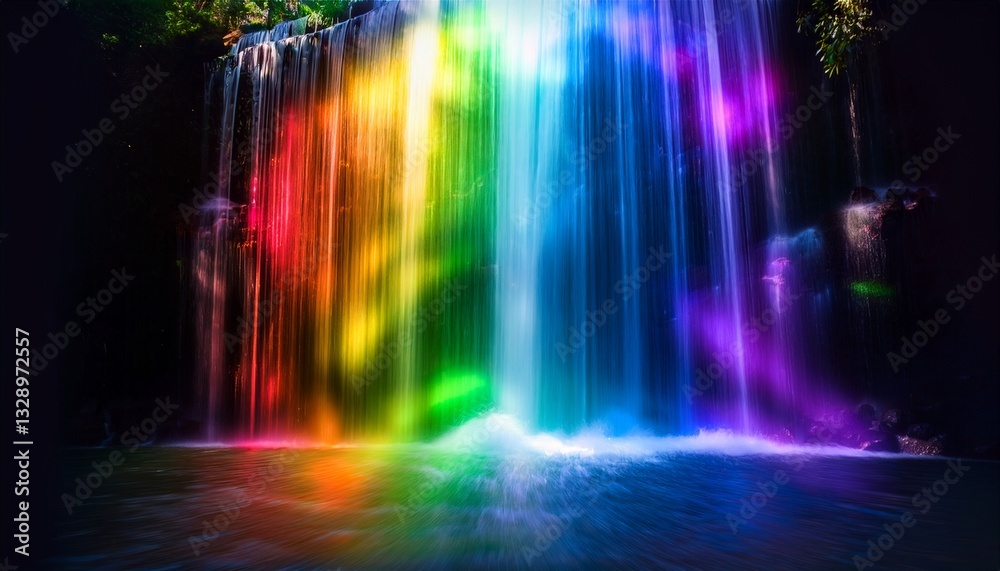 A waterfall infused with glowing chakra energy, cascading down in vibrant colors, creating a harmonious blend of nature and spiritual power A waterfall infused with glowing chakra energy, cascading down in vibrant colors, creating a harmonious blend of nature and spiritual power