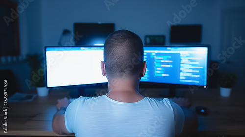 Coding in the Midnight Hour: A dedicated individual immerses themself in the digital realm, illuminated by the cool glow of dual monitors showcasing intricate lines of code. photo