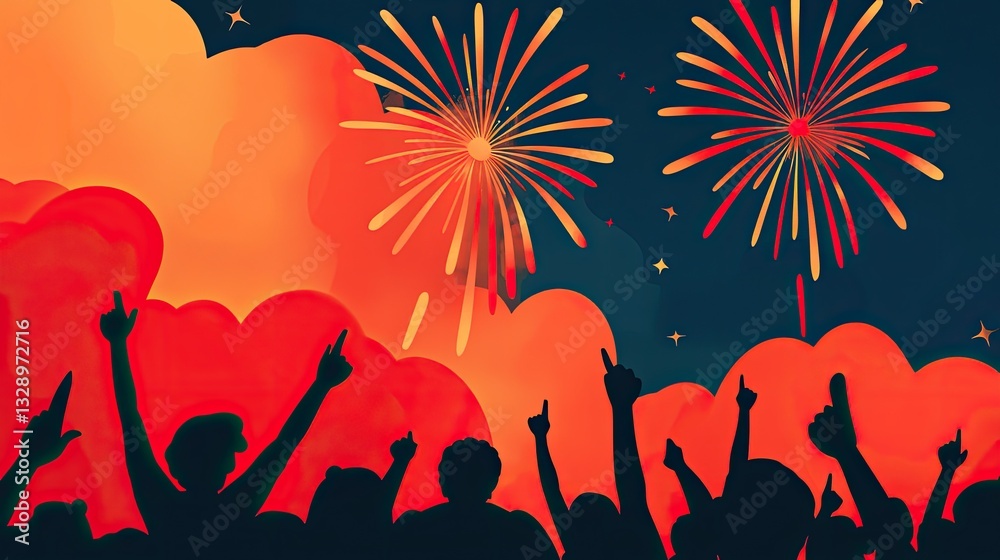 Fototapeta premium Summer concerts music dance. Celebratory crowd silhouetted against vibrant fireworks in a colorful night sky.