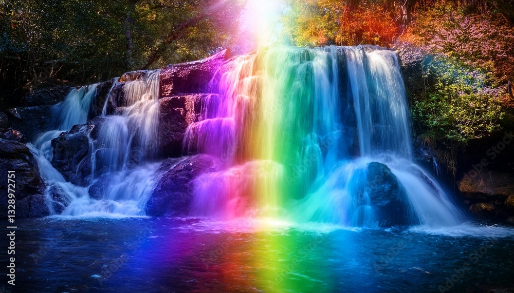 Obraz premium A waterfall infused with glowing chakra energy, cascading down in vibrant colors, creating a harmonious blend of nature and spiritual power