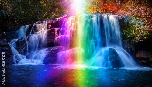 A waterfall infused with glowing chakra energy, cascading down in vibrant colors, creating a harmonious blend of nature and spiritual power