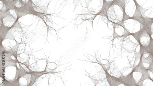 The image presents an abstract composition featuring a network of vein-like or branch-like structures radiating from the center.  The central area is brightly lit, creating a high-key effect. The