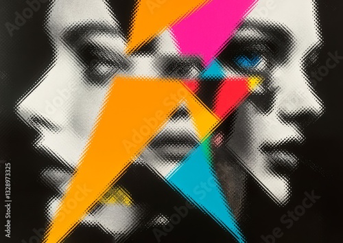 Abstract background with faces collage black and white and colours elements, psychology, stress wallpaper illustration, Generative AI with halftone texture overlaid with vibrant geometric shapes