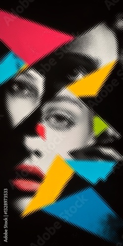 Abstract background with faces collage black and white and colours elements, psychology, stress wallpaper illustration, Generative AI with halftone texture overlaid with vibrant geometric shapes